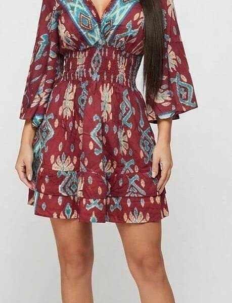 Ruby Paisley Bell Sleeve Tiered Mini Dress