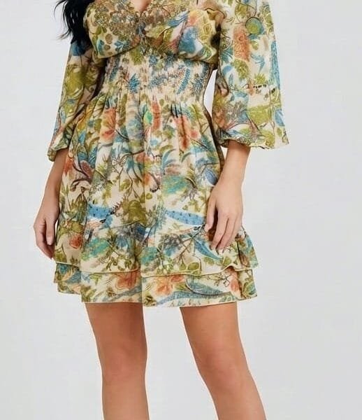 Ivory Meadow Bell Sleeve Tiered Mini Dress