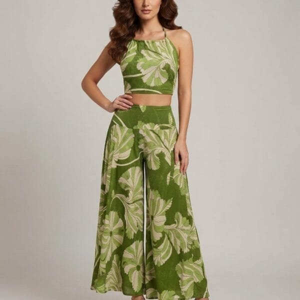 Olive Leaf Halter Crop Top & Palazzo Pants Set