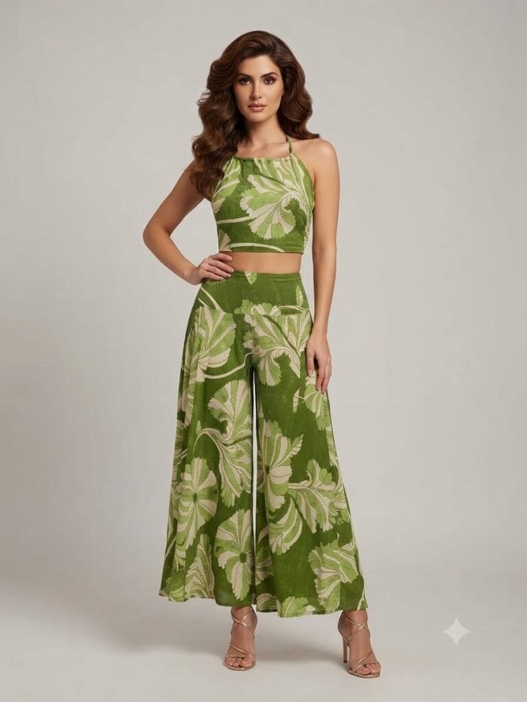 Olive Leaf Halter Crop Top & Palazzo Pants Set