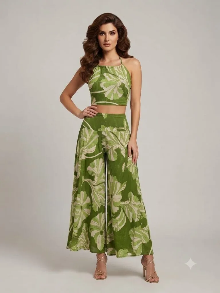 Olive Leaf Halter Crop Top & Palazzo Pants Set