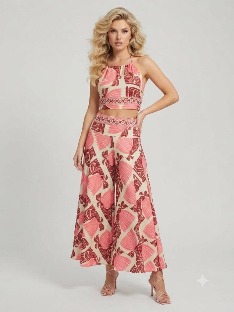 Coral Tile Halter Crop Top & Palazzo Pants Set