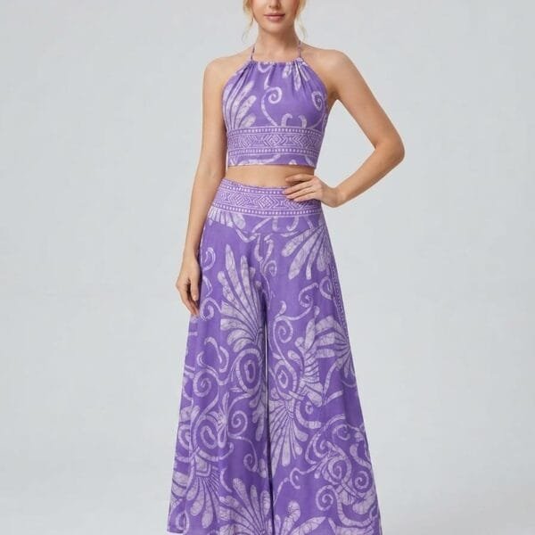 Lilac Bloom Halter Crop Top & Palazzo Pants Set