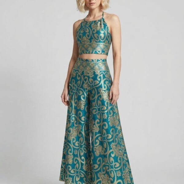 Teal Gilt Halter Crop Top & Palazzo Pants Set