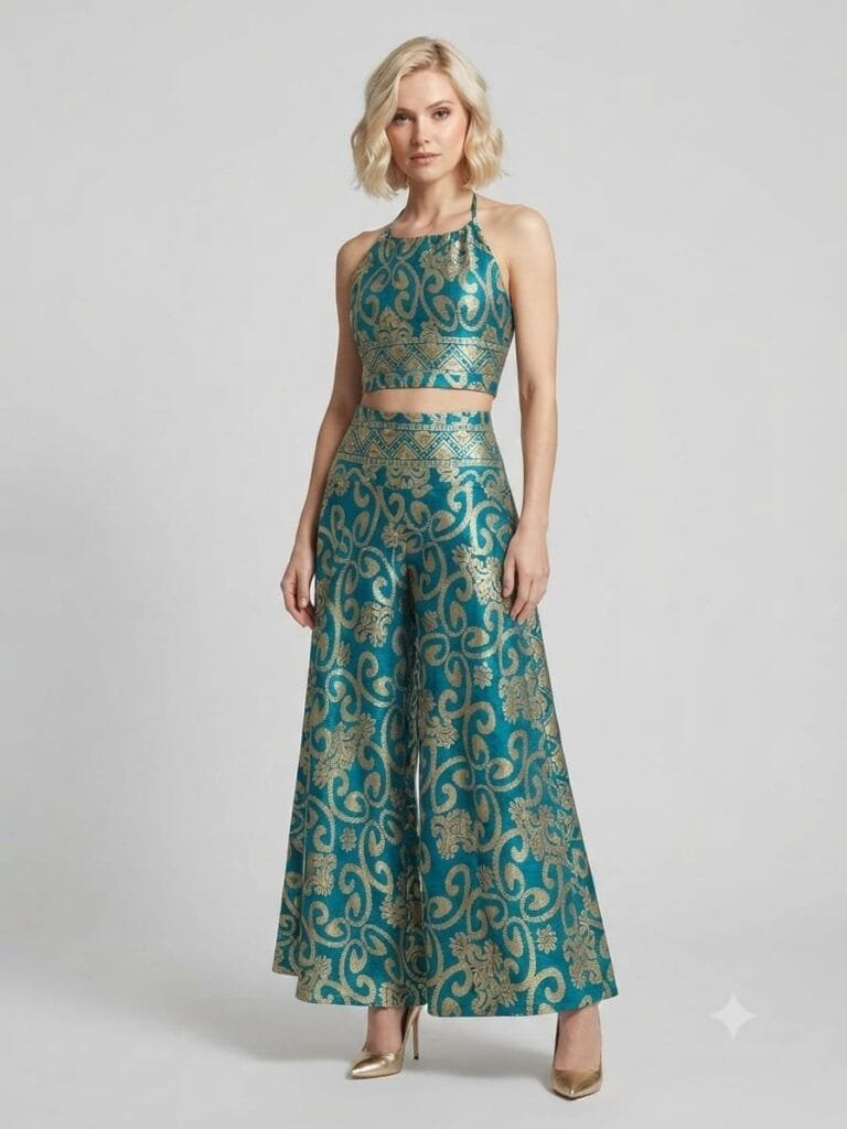 Teal Gilt Halter Crop Top & Palazzo Pants Set