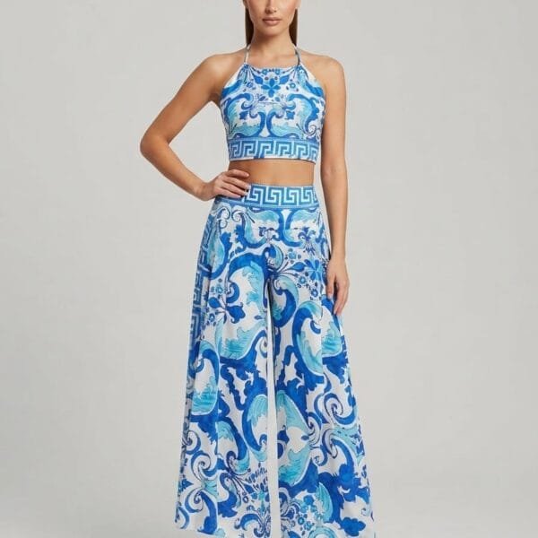 Azure Wave Halter Crop Top & Palazzo Pants Set