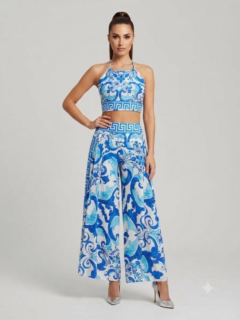 Azure Wave Halter Crop Top & Palazzo Pants Set