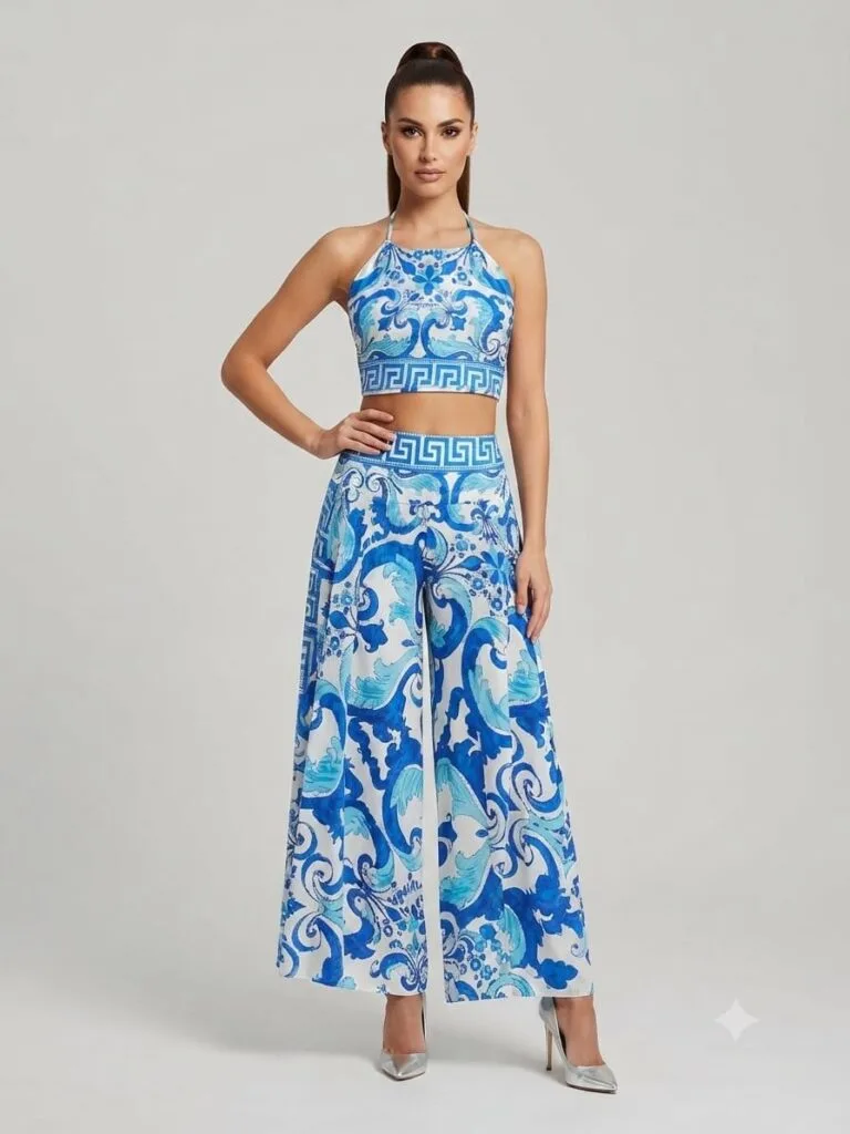 Azure Wave Halter Crop Top & Palazzo Pants Set