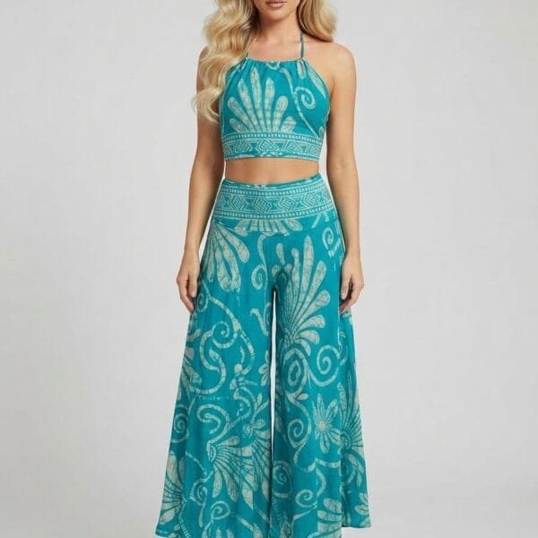 Turquoise Swirl Halter Crop Top & Palazzo Pants Set