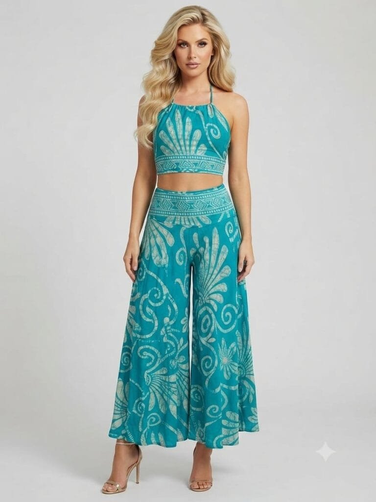 Turquoise Swirl Halter Crop Top & Palazzo Pants Set