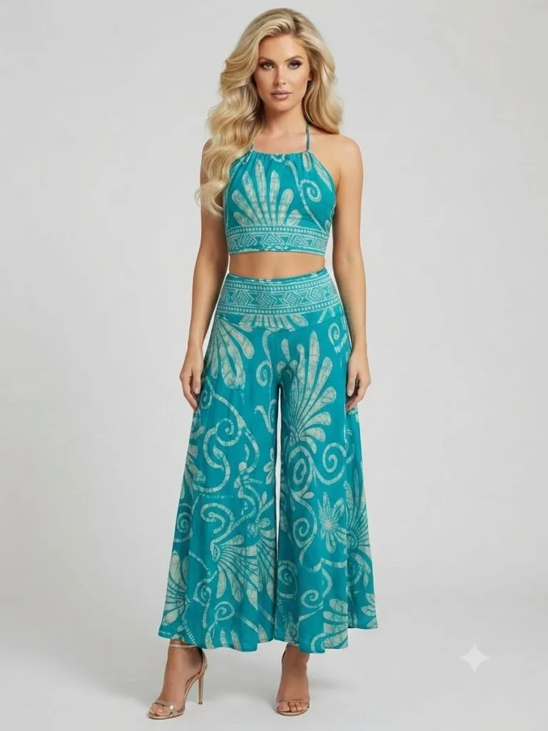 Turquoise Swirl Halter Crop Top & Palazzo Pants Set